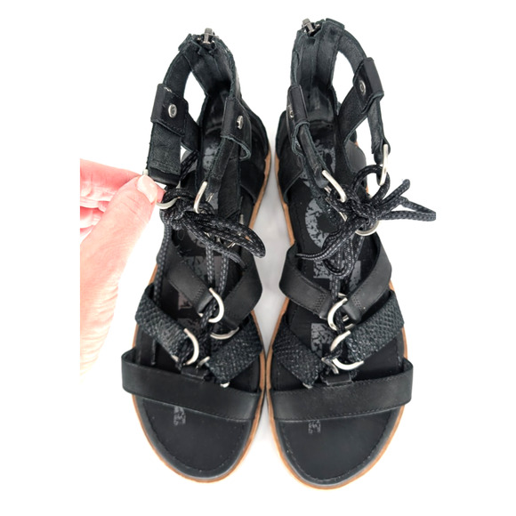 Sorel Ella Womens Black Leather Lace‎ Up Strappy Gladiator Back Zip Flat Sandals - Picture 8 of 11